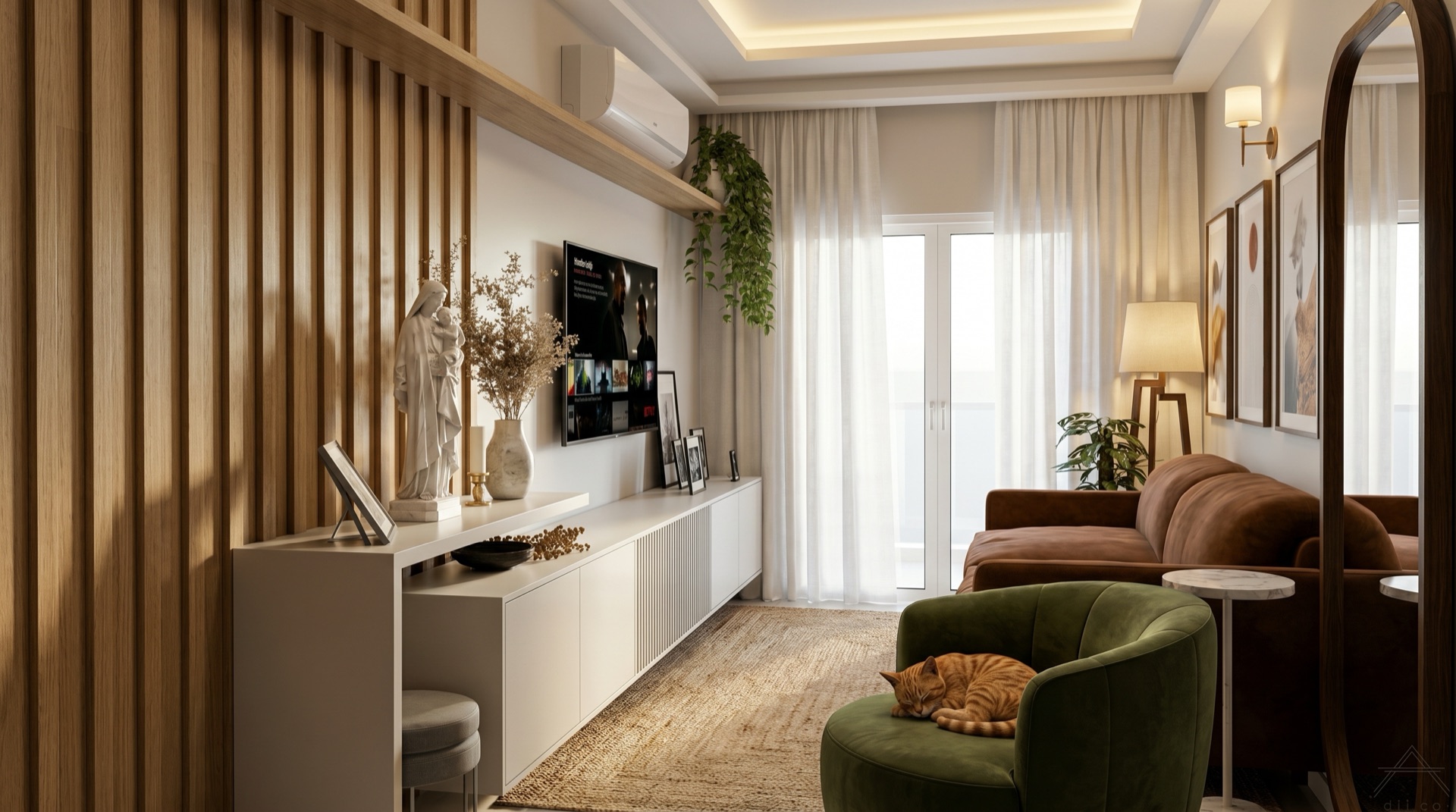 Sala de estar projetada pelo Studio Pecan: painel de madeira ripada, sofá terracota e poltrona verde-oliva sob luz quente