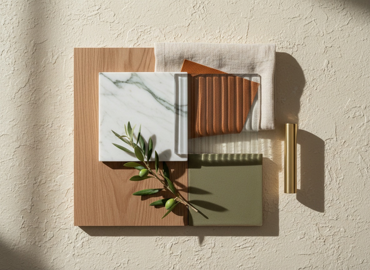 Moodboard de materiais: amostras de madeira, mármore, vidro canelado, cerâmica e couro compostas